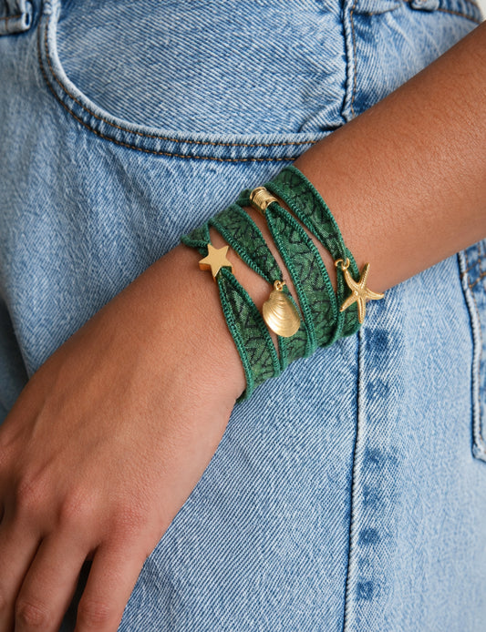 Wrap around bracelet with stainless steel 18K gold-plated charms, adjustable layered bracelet for everyday wear.