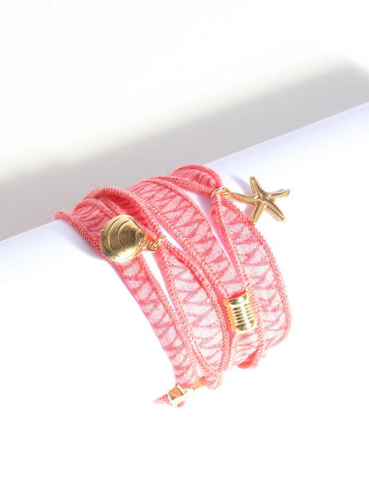 Wrap around bracelet with stainless steel 18K gold-plated charms, adjustable layered bracelet for everyday wear.