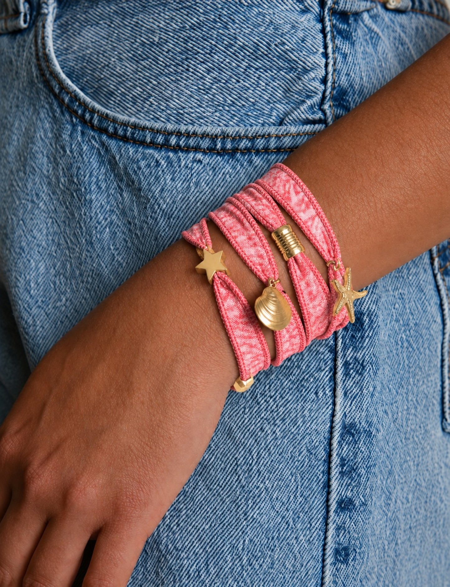 Wrap around bracelet with stainless steel 18K gold-plated charms, adjustable layered bracelet for everyday wear.