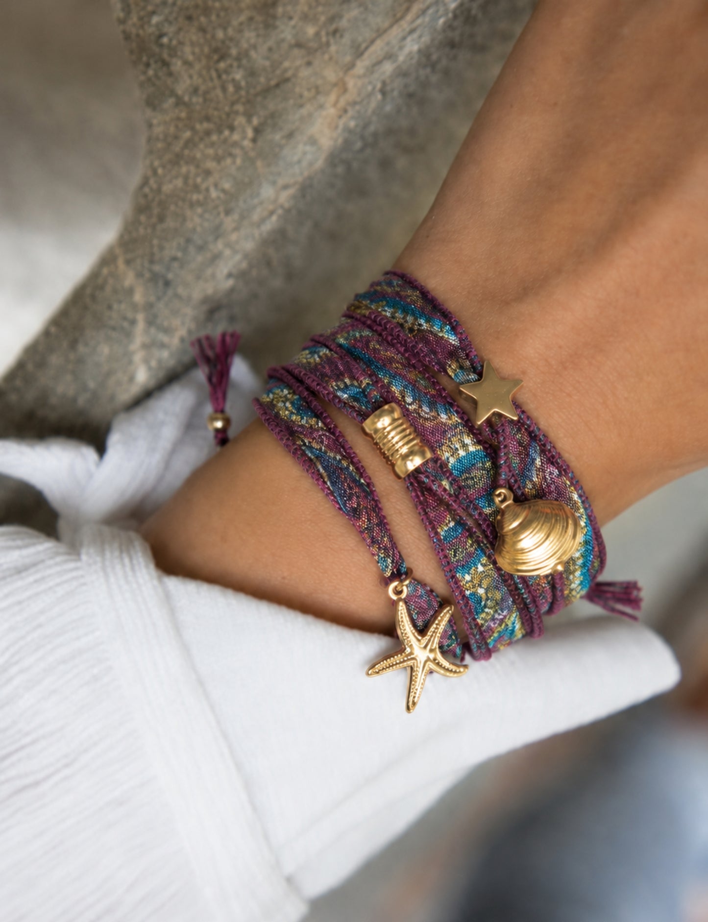 Wrap around bracelet with stainless steel 18K gold-plated charms, adjustable layered bracelet for everyday wear.