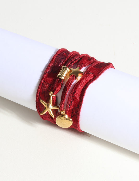 Wrap around bracelet with stainless steel 18K gold-plated charms, adjustable layered bracelet for everyday wear.