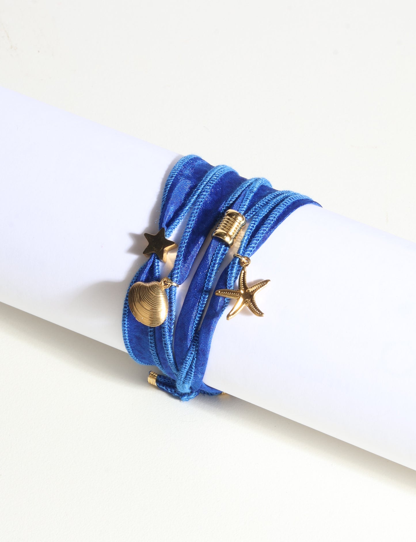 Wrap around bracelet with stainless steel 18K gold-plated charms, adjustable layered bracelet for everyday wear.