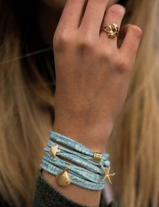 Wrap around bracelet with stainless steel 18K gold-plated charms, adjustable layered bracelet for everyday wear.