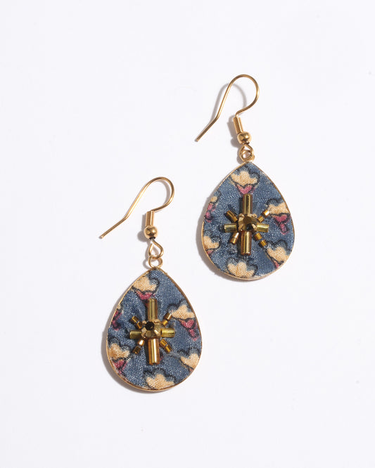 Teardrop embroidery drop earrings inspired by upcycled women’s clothing, sustainable women’s clothing, eco friendly clothes, recycled sustainable fashion, carbon neutral fashion, and environment friendly clothing principles.