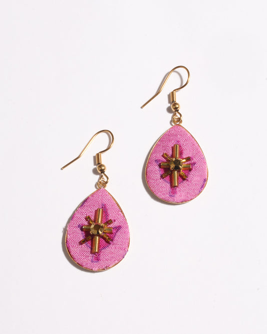 Teardrop embroidery drop earrings inspired by upcycled women’s clothing, sustainable women’s clothing, eco friendly clothes, recycled sustainable fashion, carbon neutral fashion, and environment friendly clothing principles.