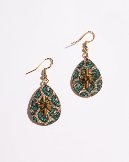 Teardrop embroidery drop earrings inspired by upcycled women’s clothing, sustainable women’s clothing, eco friendly clothes, recycled sustainable fashion, carbon neutral fashion, and environment friendly clothing principles.
