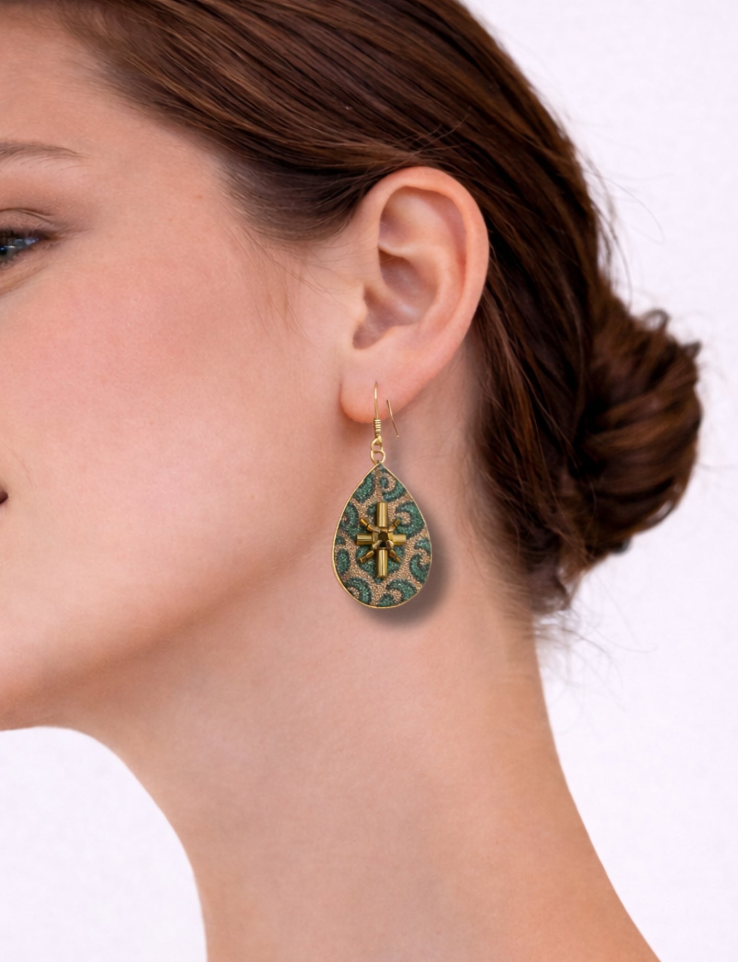 Teardrop embroidery drop earrings inspired by upcycled women’s clothing, sustainable women’s clothing, eco friendly clothes, recycled sustainable fashion, carbon neutral fashion, and environment friendly clothing principles.