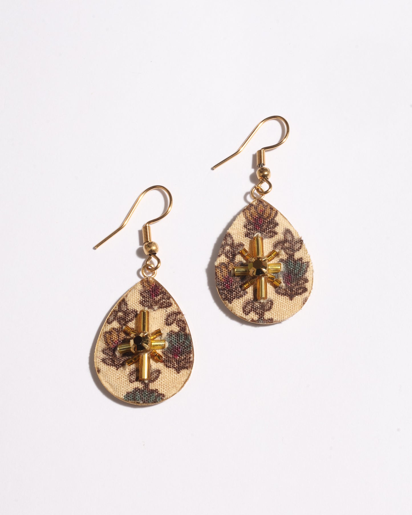 Teardrop embroidery drop earrings inspired by upcycled women’s clothing, sustainable women’s clothing, eco friendly clothes, recycled sustainable fashion, carbon neutral fashion, and environment friendly clothing principles.