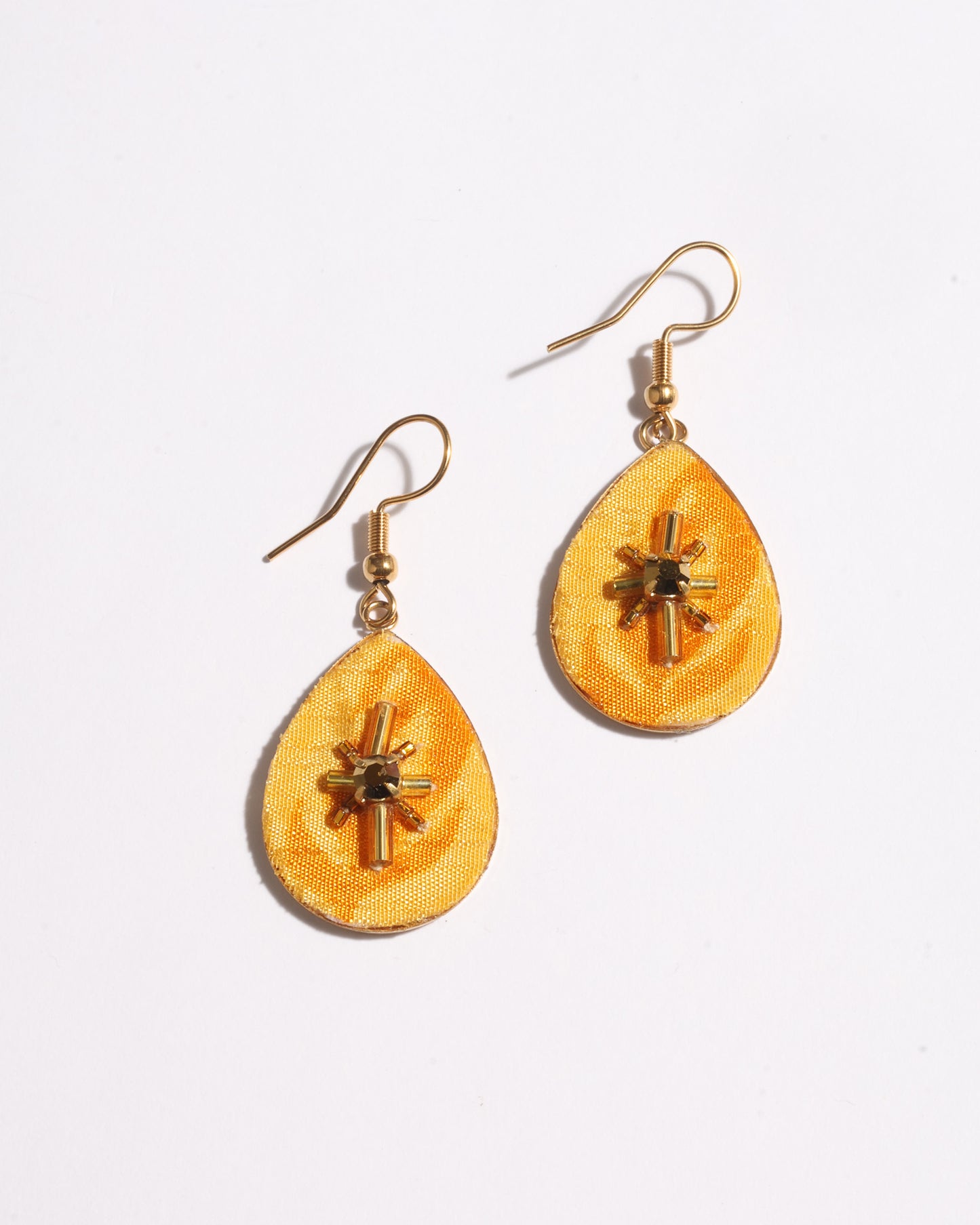 Teardrop embroidery drop earrings inspired by upcycled women’s clothing, sustainable women’s clothing, eco friendly clothes, recycled sustainable fashion, carbon neutral fashion, and environment friendly clothing principles.