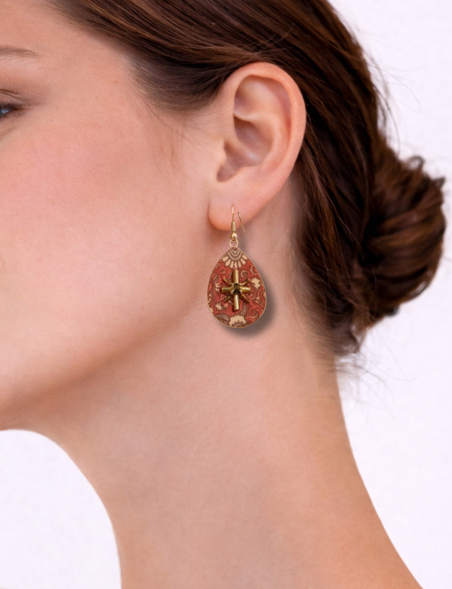Teardrop embroidery drop earrings inspired by upcycled women’s clothing, sustainable women’s clothing, eco friendly clothes, recycled sustainable fashion, carbon neutral fashion, and environment friendly clothing principles.
