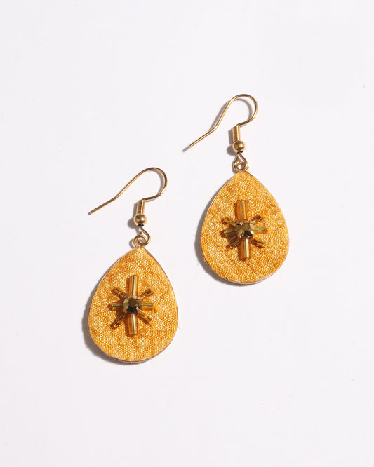 Teardrop embroidery drop earrings inspired by upcycled women’s clothing, sustainable women’s clothing, eco friendly clothes, recycled sustainable fashion, carbon neutral fashion, and environment friendly clothing principles.