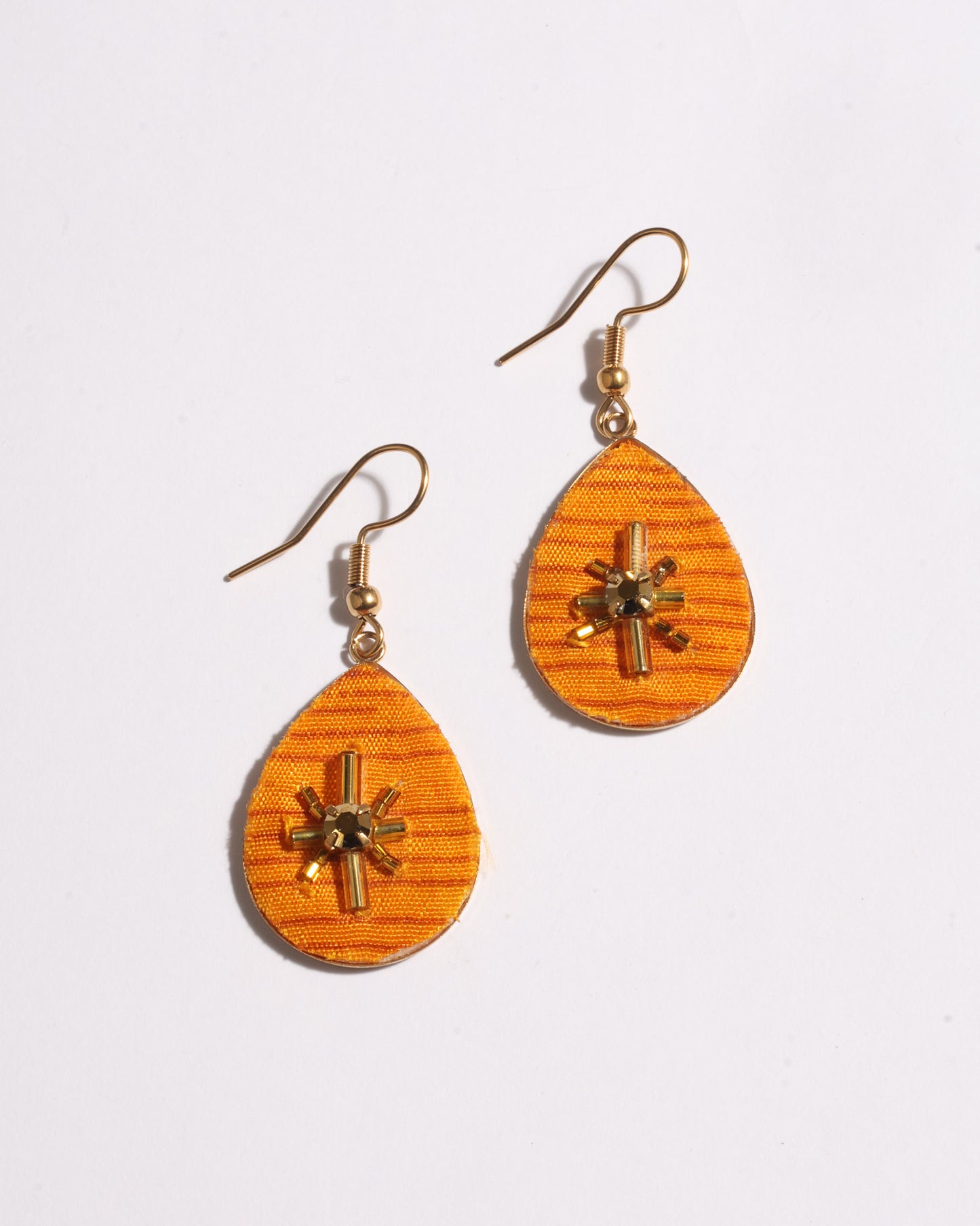 Teardrop embroidery drop earrings inspired by upcycled women’s clothing, sustainable women’s clothing, eco friendly clothes, recycled sustainable fashion, carbon neutral fashion, and environment friendly clothing principles.