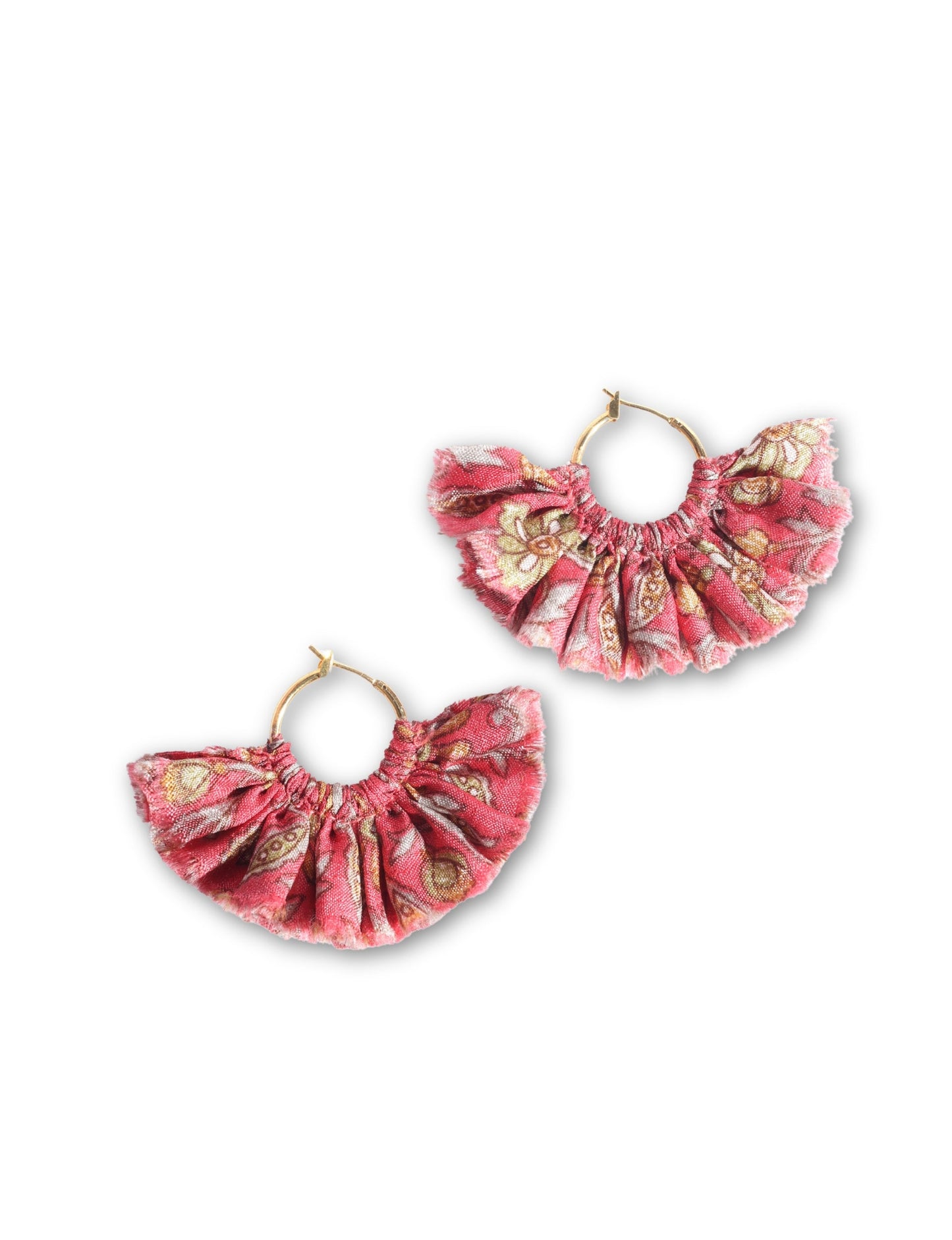 Hoop earrings with frill fabric trim inspired by upcycled women’s clothing, sustainable women’s clothing, eco friendly fashion, recycled sustainable fashion, carbon neutral clothing, and environment friendly clothes values.