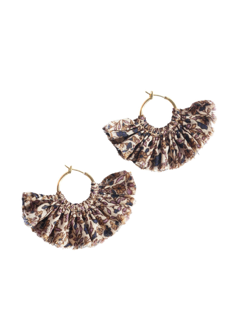Beige tropical frill fabric hoop earrings with gold-tone metal hoops and gathered floral patterned fabric detail