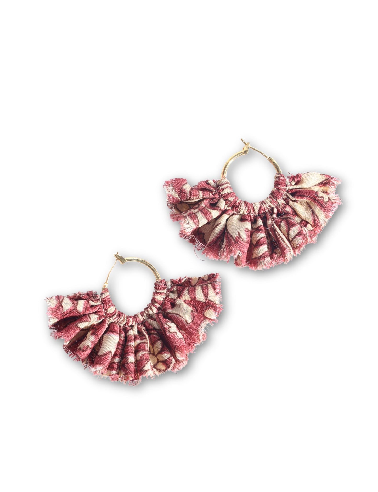 Hoop earrings with frill fabric trim inspired by upcycled women’s clothing, sustainable women’s clothing, eco friendly fashion, recycled sustainable fashion, carbon neutral clothing, and environment friendly clothes values.