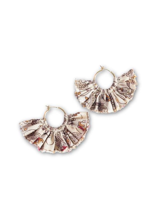 Hoop earrings with frill fabric trim inspired by upcycled women’s clothing, sustainable women’s clothing, eco friendly fashion, recycled sustainable fashion, carbon neutral clothing, and environment friendly clothes values.