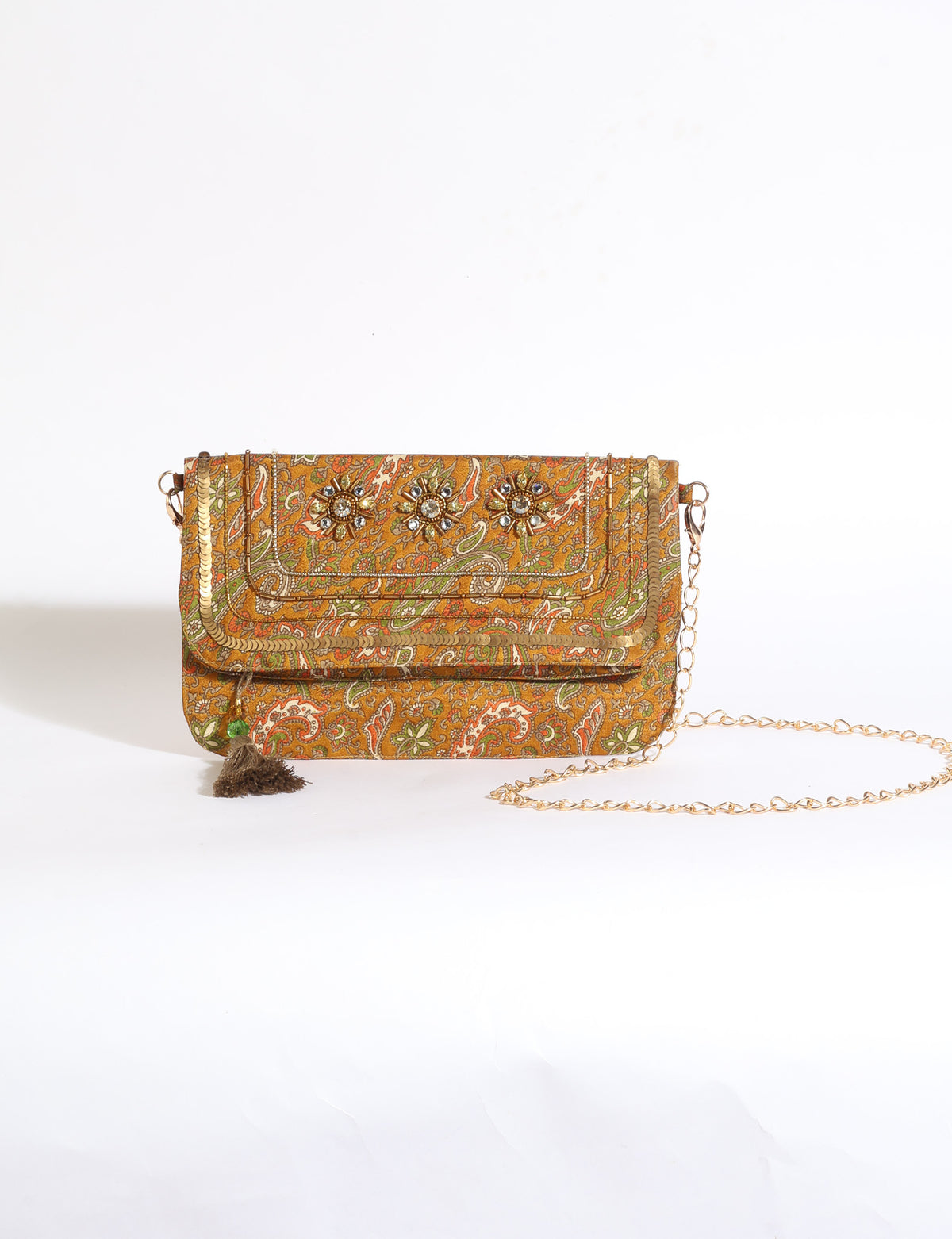 Embroidered evening bag with embellished fold-over flap, tassel detail, and detachable metal chain strap.