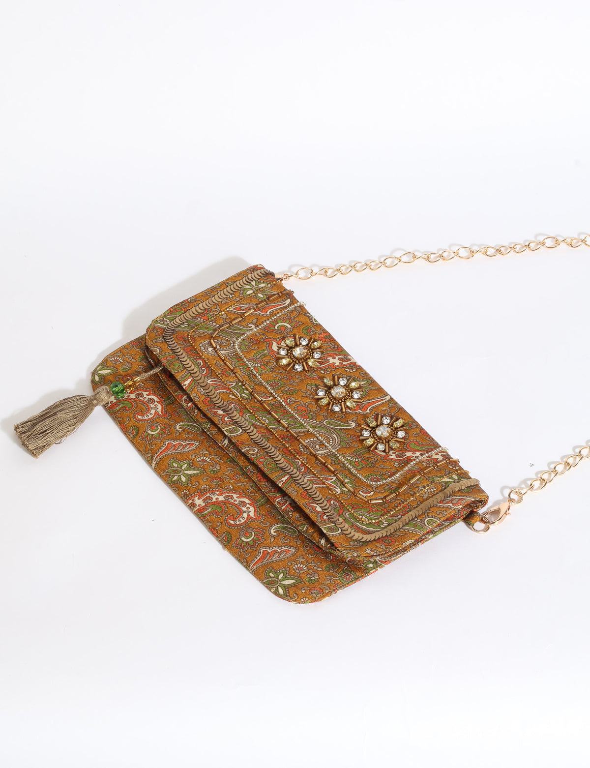 Embroidered evening bag with embellished fold-over flap, tassel detail, and detachable metal chain strap.
