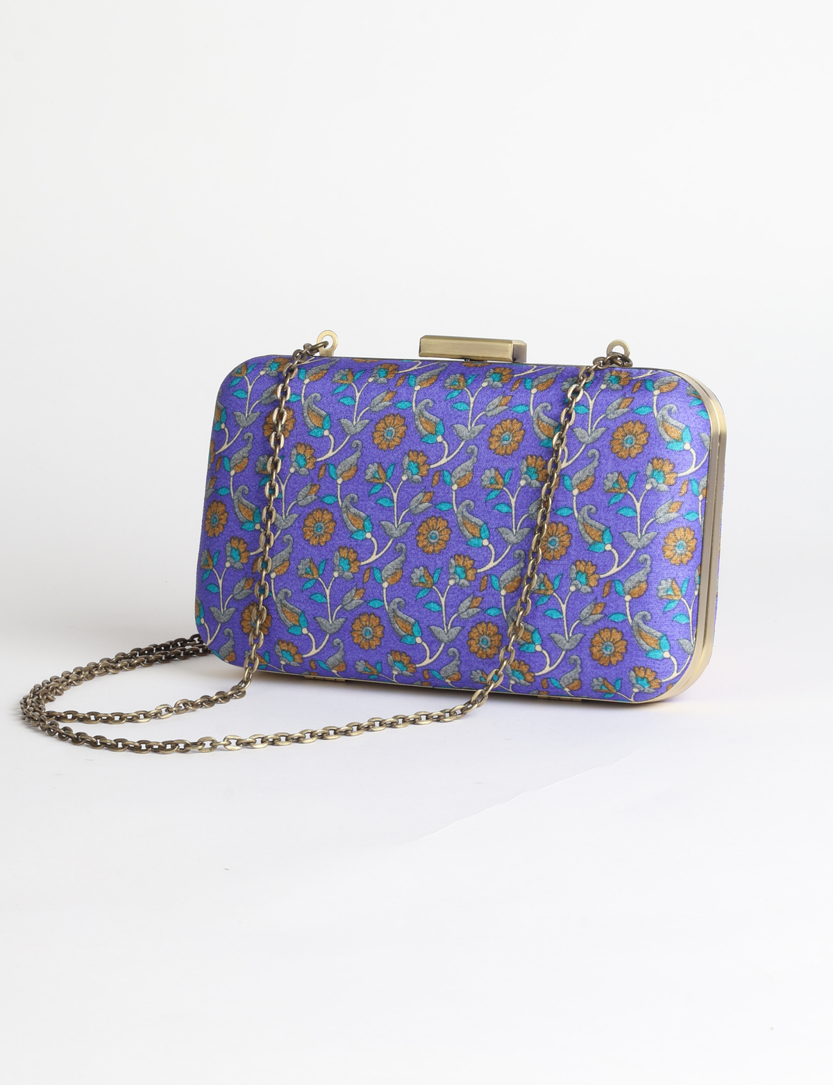 Structured box clutch bag featuring a rigid metal frame, secure clasp closure, detachable metal chain strap, and compact rectangular silhouette.