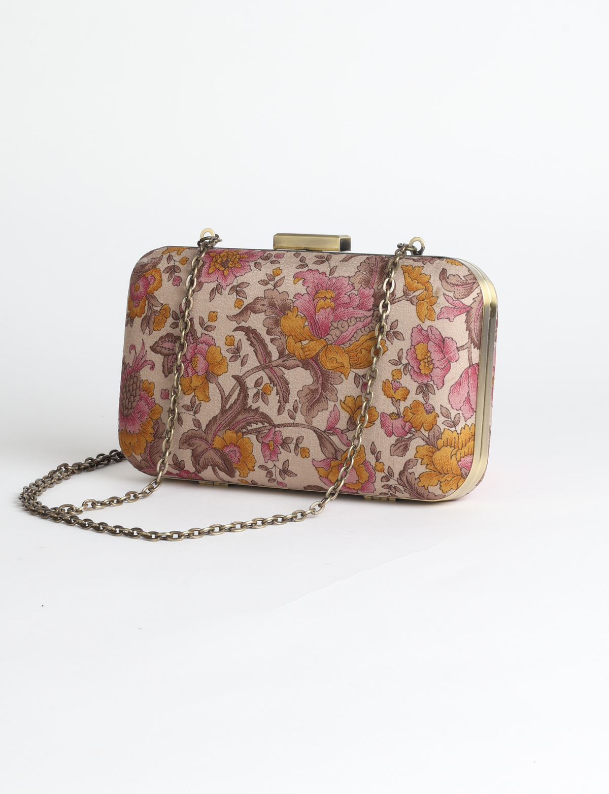 Structured box clutch bag featuring a rigid metal frame, secure clasp closure, detachable metal chain strap, and compact rectangular silhouette.