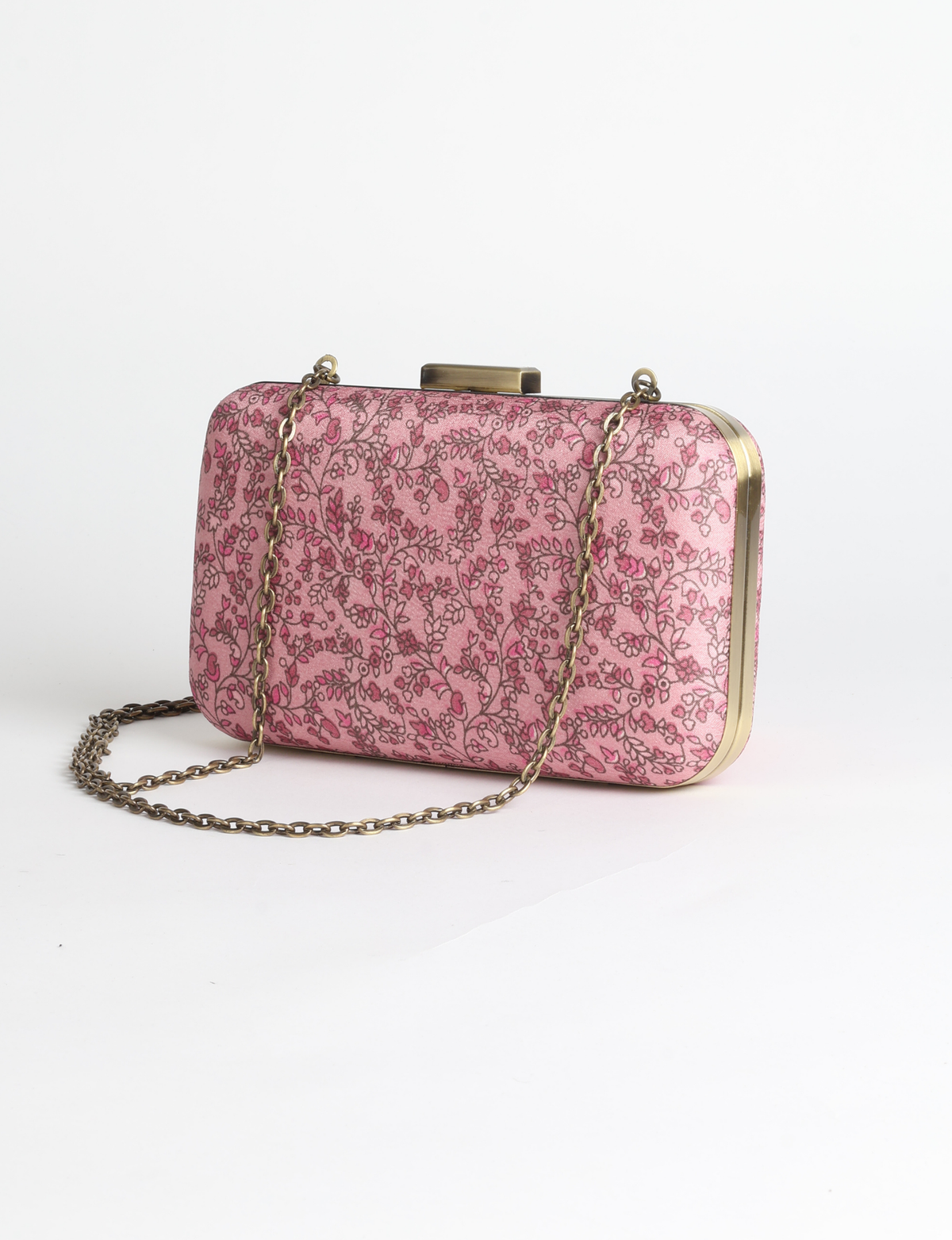 Structured box clutch bag featuring a rigid metal frame, secure clasp closure, detachable metal chain strap, and compact rectangular silhouette.
