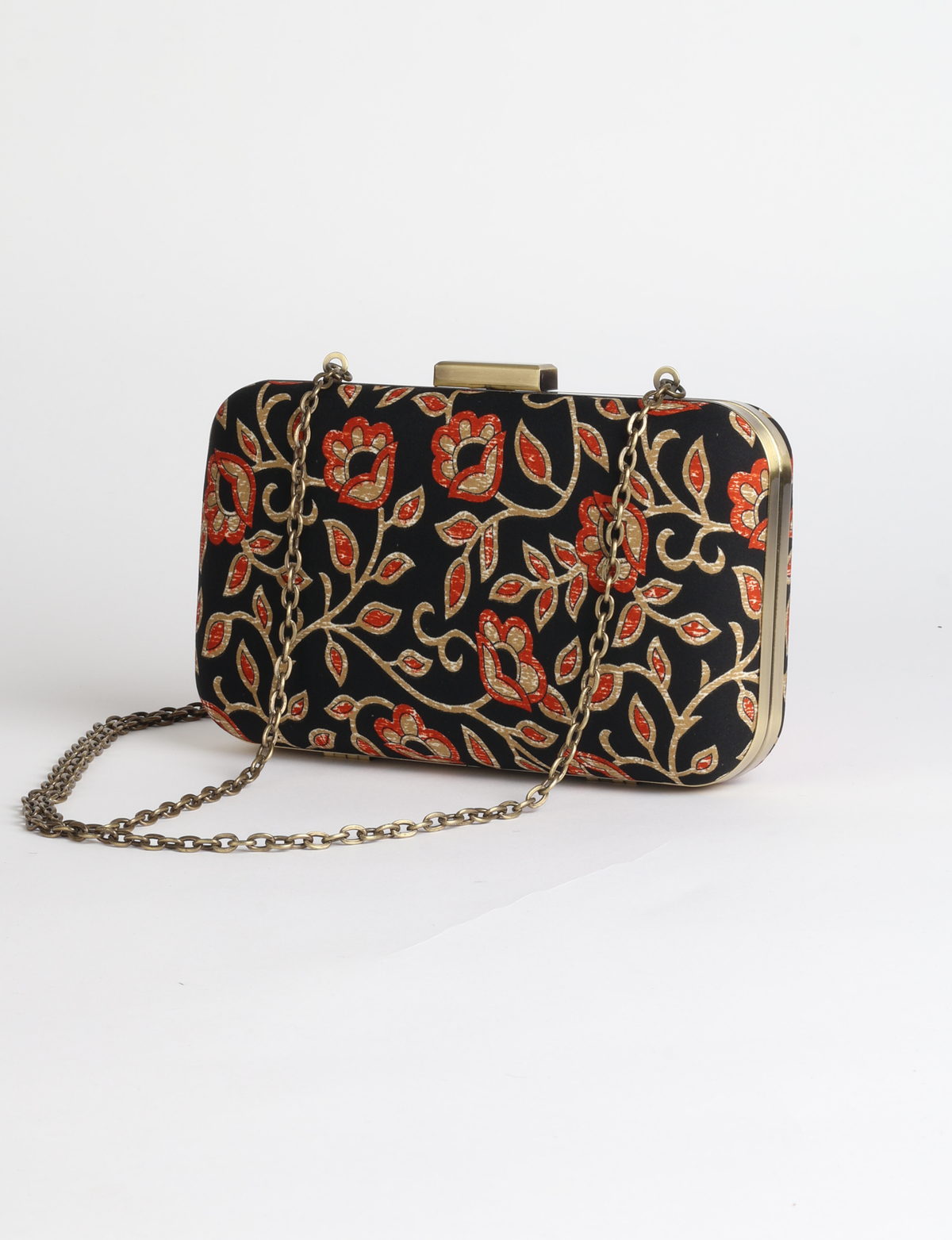 Structured box clutch bag featuring a rigid metal frame, secure clasp closure, detachable metal chain strap, and compact rectangular silhouette.