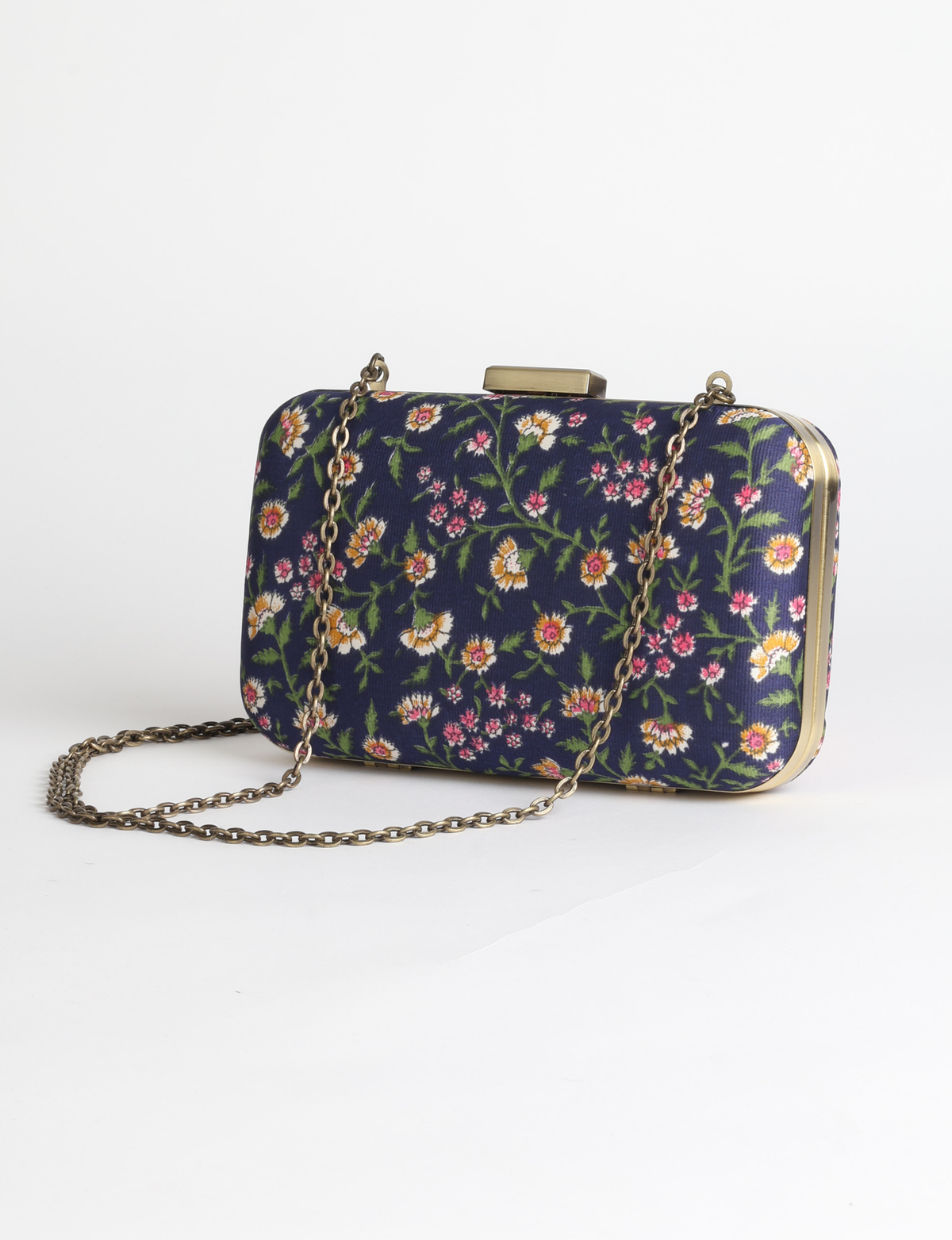 Structured box clutch bag featuring a rigid metal frame, secure clasp closure, detachable metal chain strap, and compact rectangular silhouette.