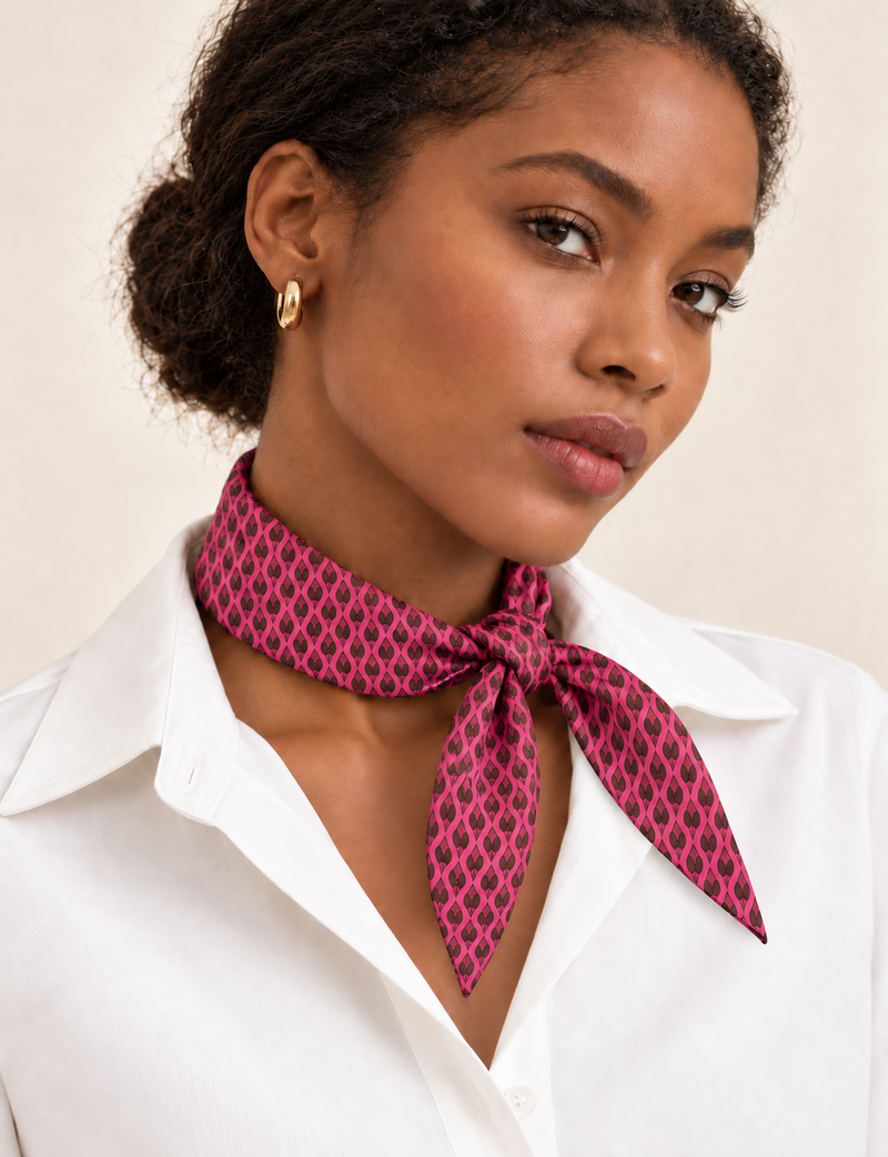 Upcycled sari neck scarf with soft drape and delicate pin hem finishing.
