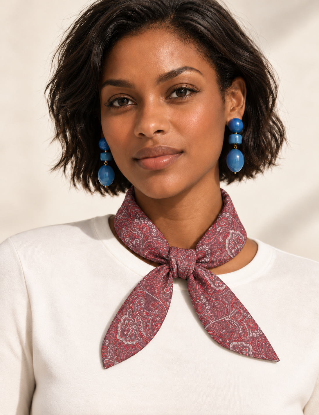 Upcycled sari neck scarf with soft drape and delicate pin hem finishing.