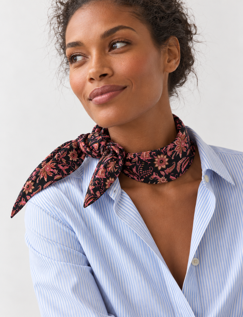 Upcycled sari neck scarf with soft drape and delicate pin hem finishing.