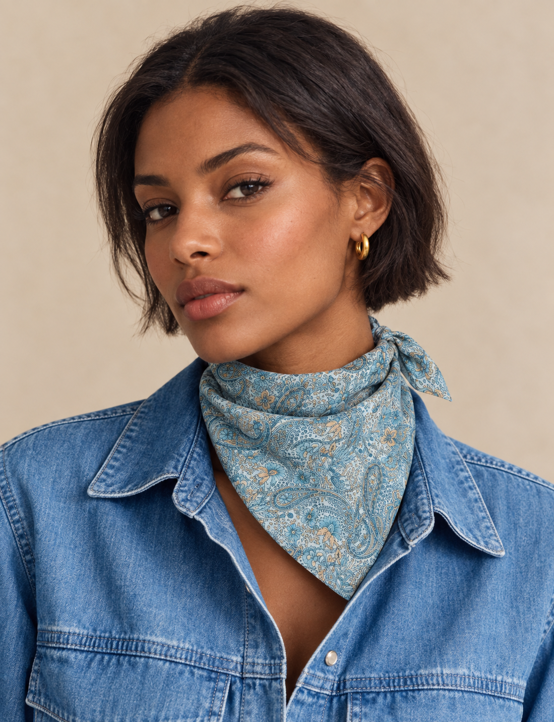 Upcycled sari neck scarf with soft drape and delicate pin hem finishing.