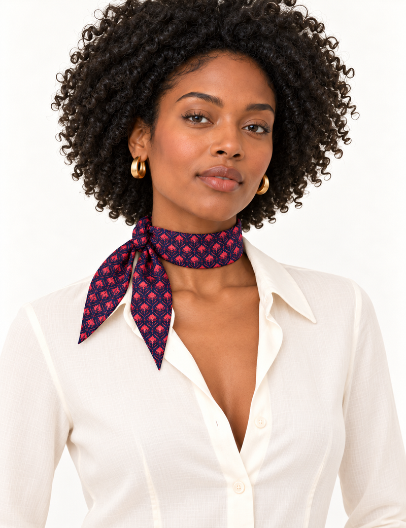 Upcycled sari neck scarf with soft drape and delicate pin hem finishing.