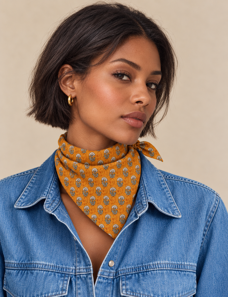 Upcycled sari neck scarf with soft drape and delicate pin hem finishing.
