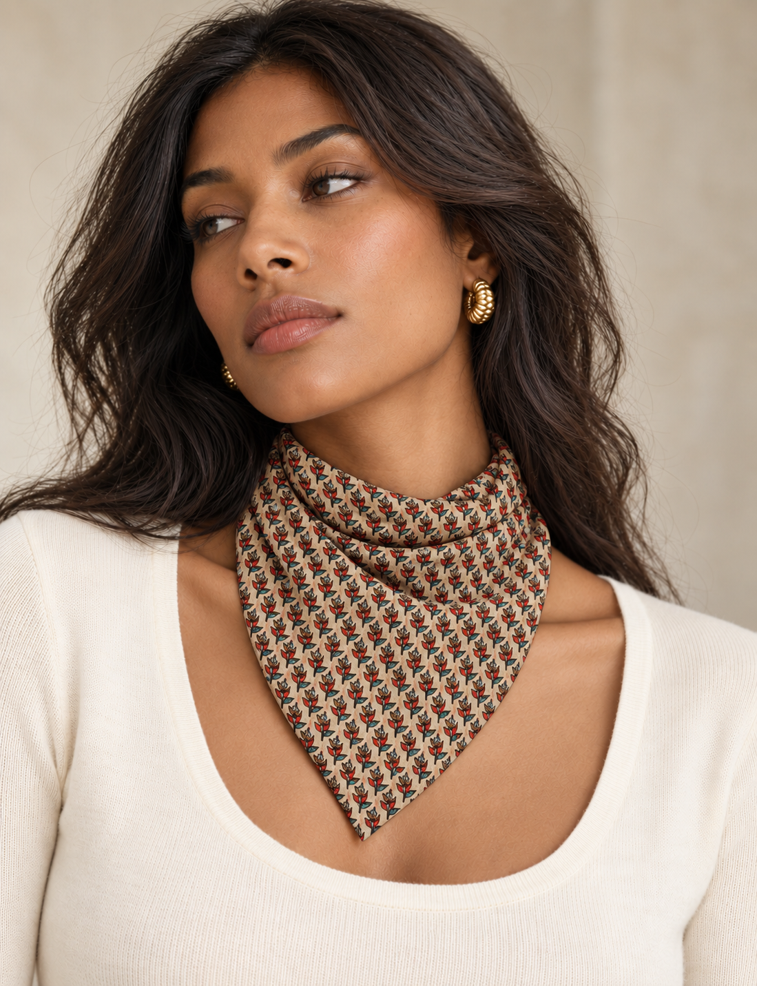 Upcycled sari neck scarf with soft drape and delicate pin hem finishing.