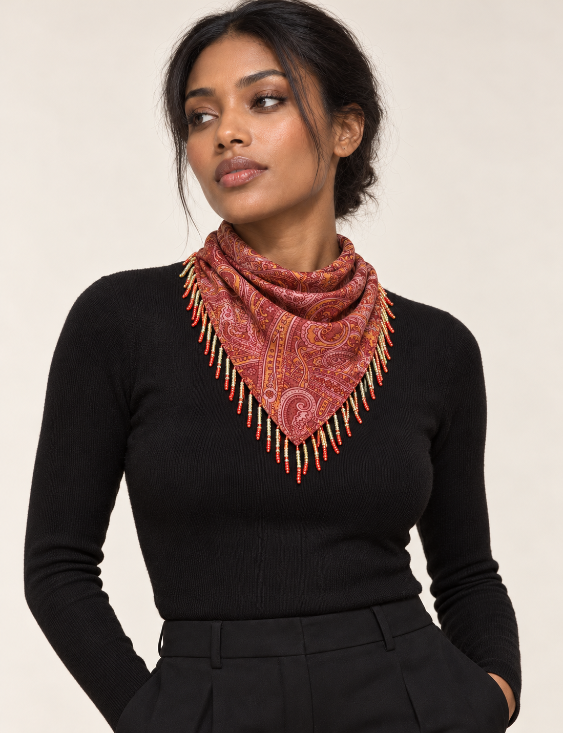Square lightweight neck scarf with delicate beaded fringes along the edges and neatly stitched finishing, designed for versatile styling.