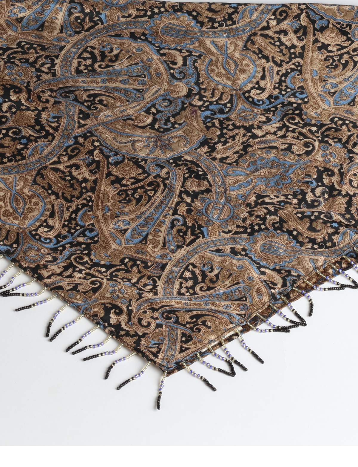 Square lightweight neck scarf with delicate beaded fringes along the edges and neatly stitched finishing, designed for versatile styling.