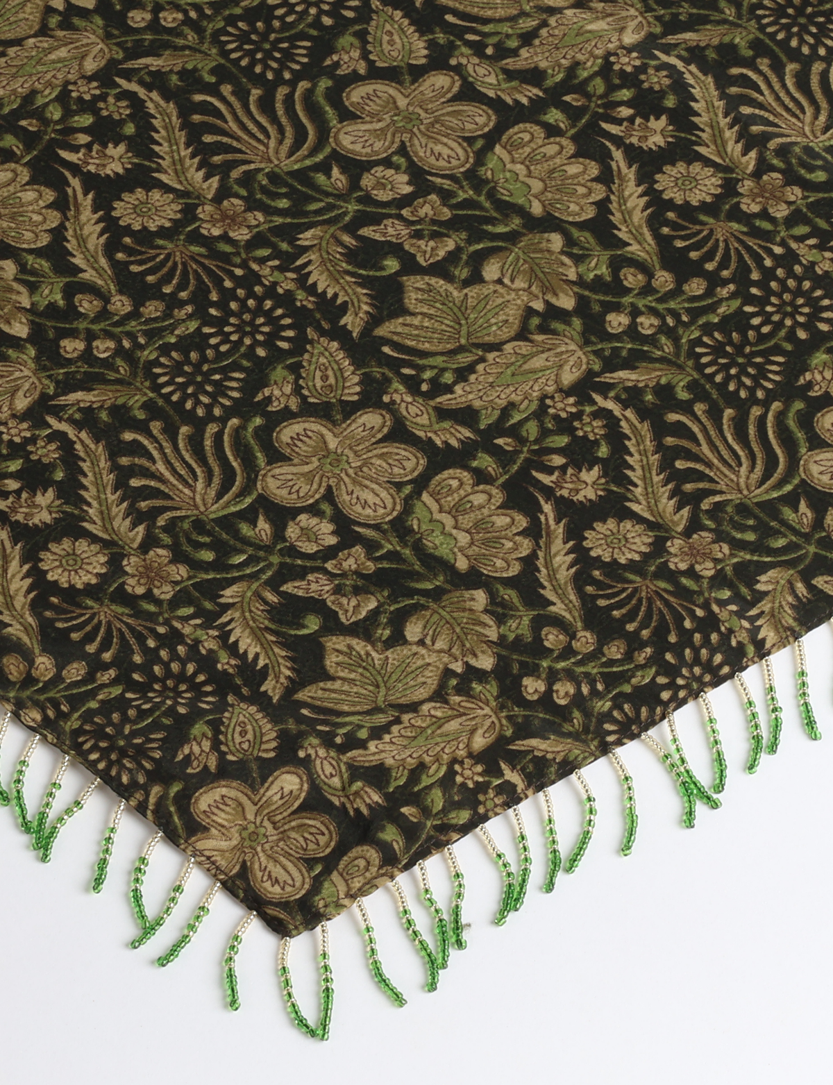 Square lightweight neck scarf with delicate beaded fringes along the edges and neatly stitched finishing, designed for versatile styling.