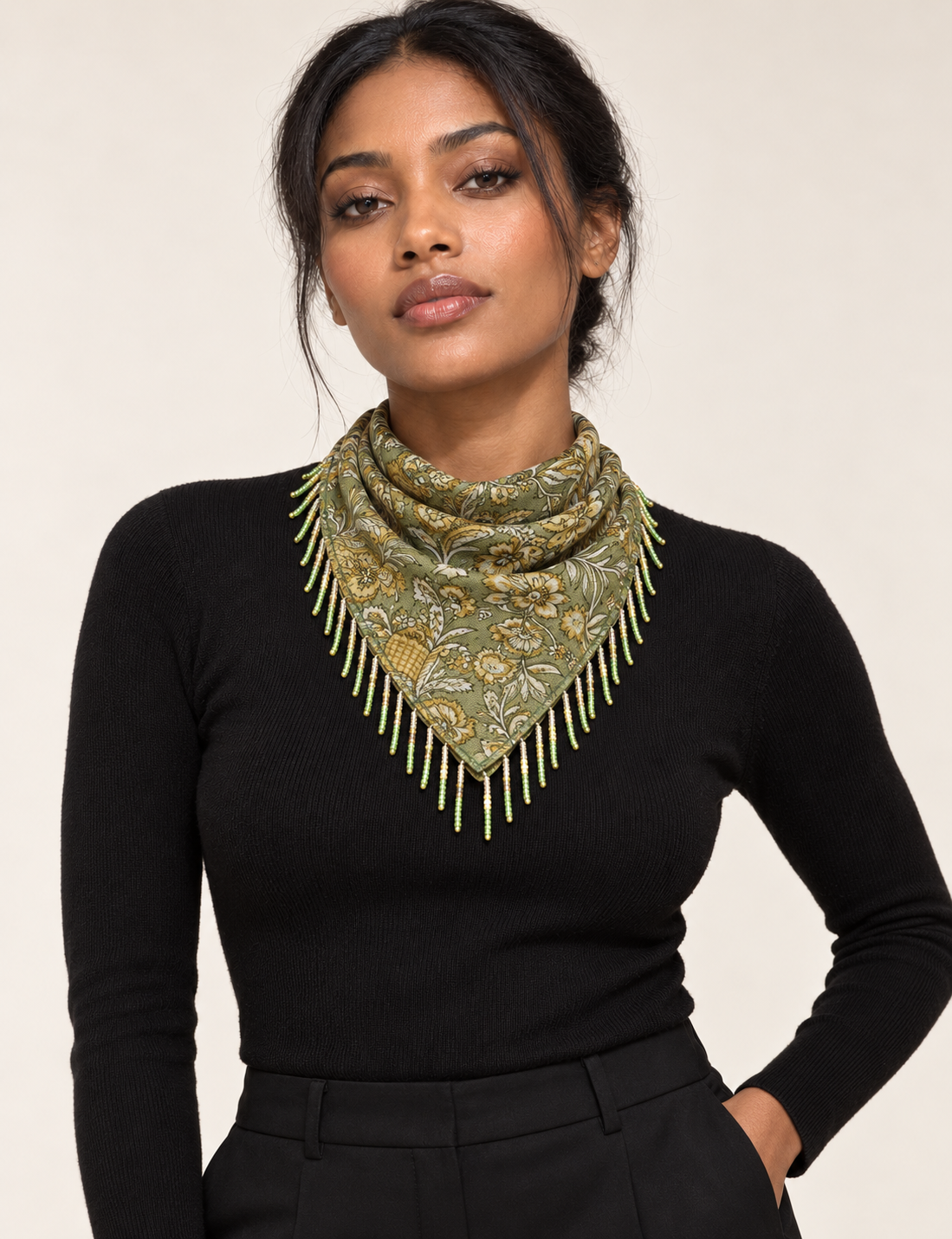Square lightweight neck scarf with delicate beaded fringes along the edges and neatly stitched finishing, designed for versatile styling.