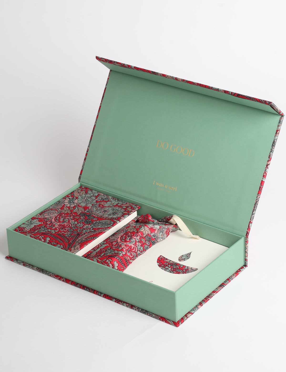 DO GOOD gift box set with hardcover notebook, incense cones, celebration cards with envelopes, and a keepsake box featuring sari detailing.