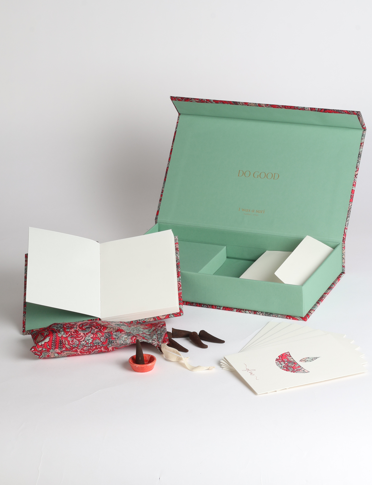 DO GOOD gift box set with hardcover notebook, incense cones, celebration cards with envelopes, and a keepsake box featuring sari detailing.