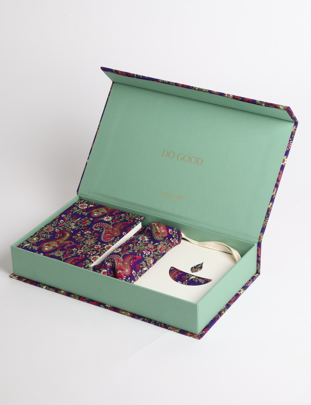 DO GOOD gift box set with hardcover notebook, incense cones, celebration cards with envelopes, and a keepsake box featuring sari detailing.