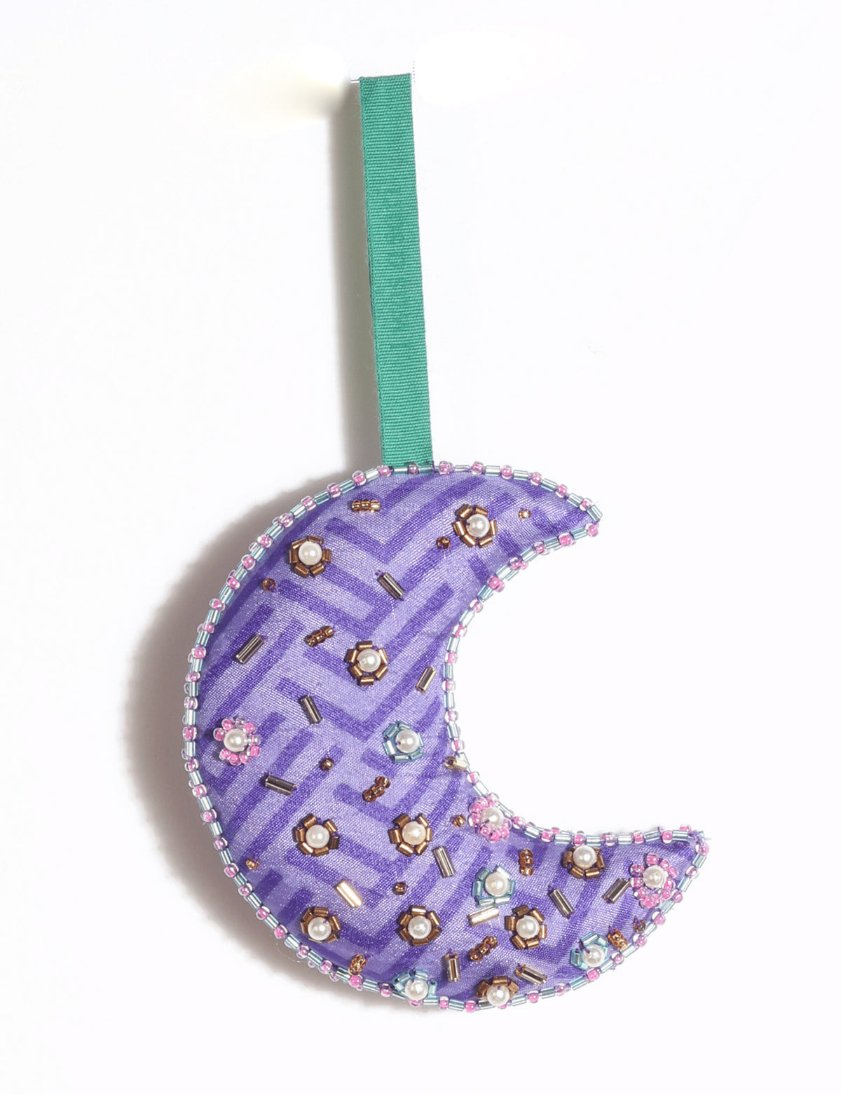 Cheer crescent moon festive ornament made from colorful upcycled sari fabric with Aari embroidery, donated beads and stones.