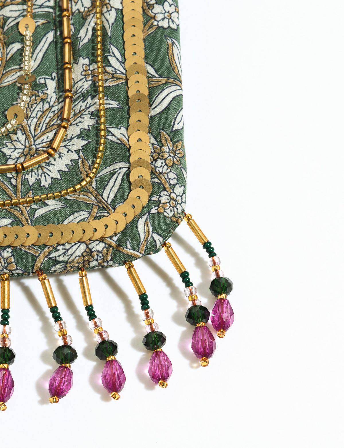 Embroidered DO GOOD potli bag made from upcycled sari fabric with tassel closure and detachable metal chain strap.