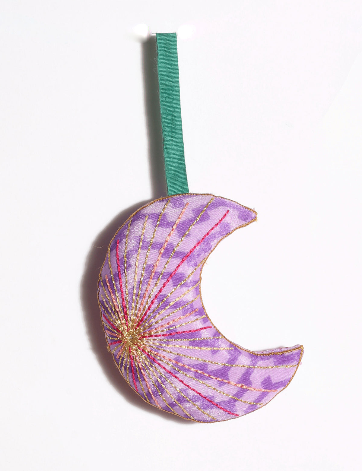 Timeless crescent moon Christmas ornament made from upcycled sari fabric with vibrant silk and metallic gold thread embroidery.