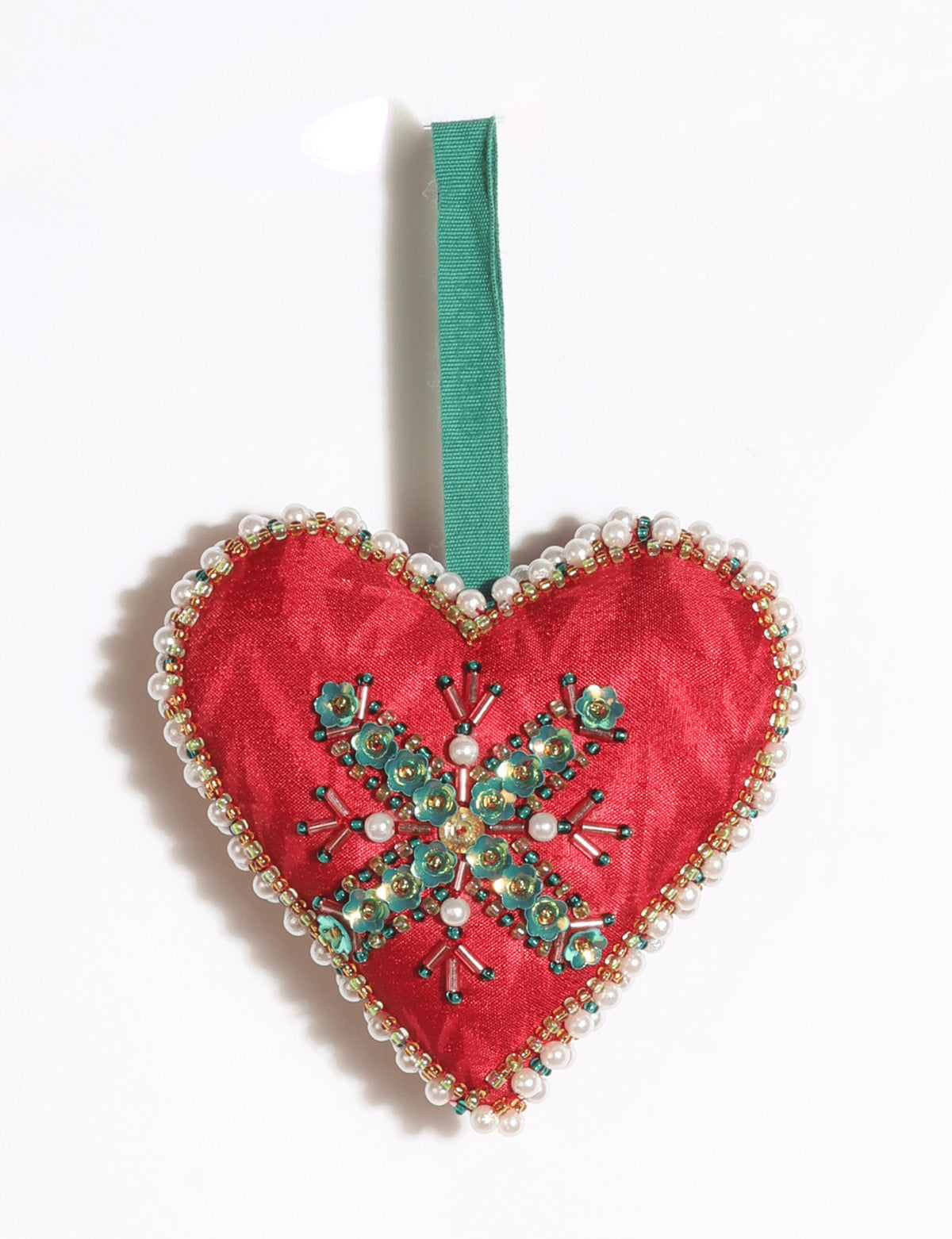Cheer heart-shaped festive ornament made from vibrant upcycled saris with hand-embroidered Aari work, beads, sequins, and pearls.