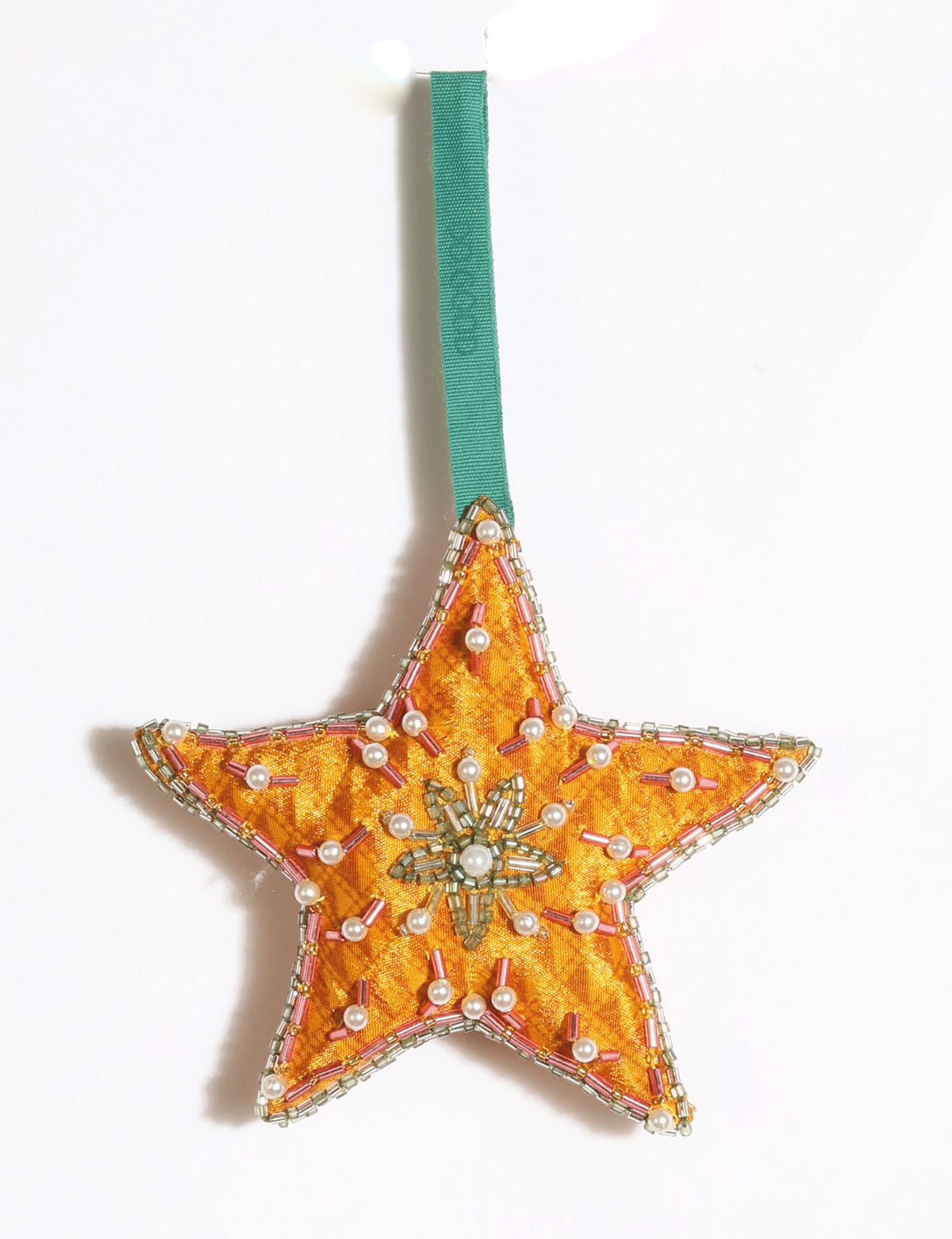Cheer Star Ornament DO GOOD, crescent moon-shaped festive decoration made from vibrant upcycled saris with hand-embroidered Aari work, beads and stones.