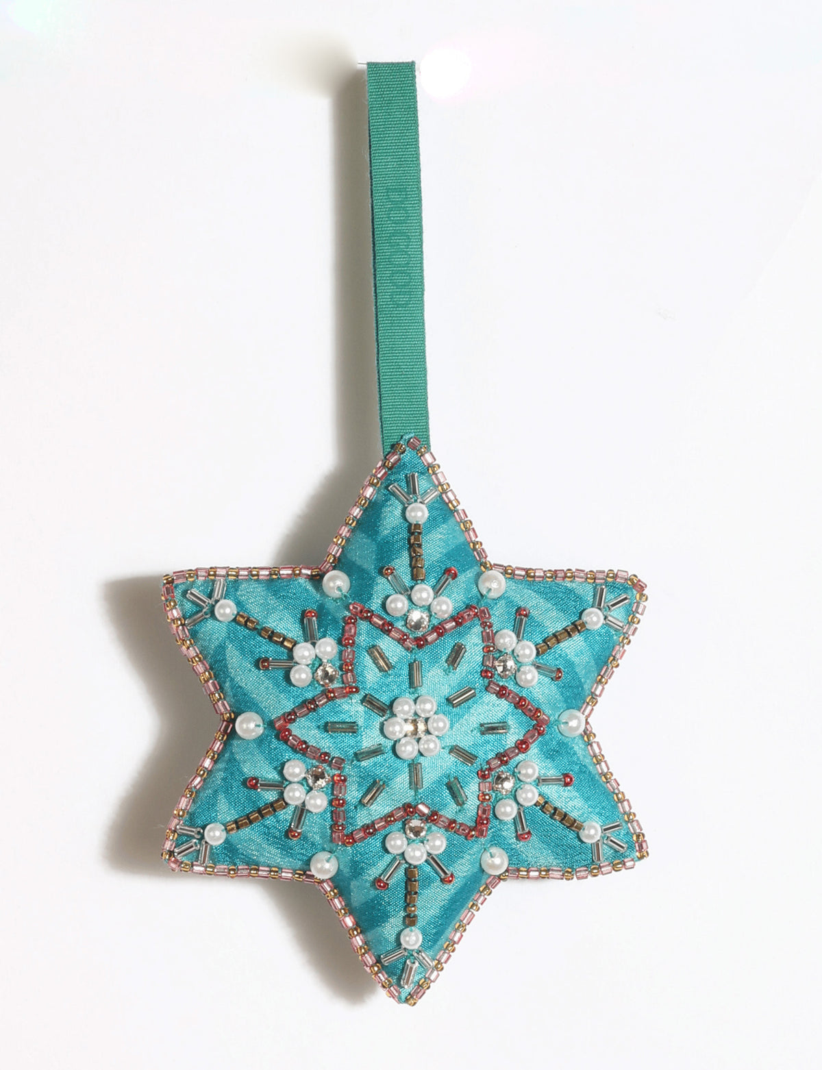 Cheer snowflake Christmas ornament made from vibrant upcycled saris with Aari embroidery and decorative beads