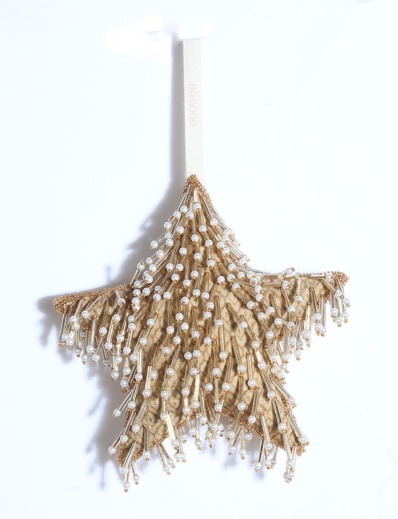Gold embroidered star ornament made from upcycled preloved saris with stones, sequins, pearls and glass beads.