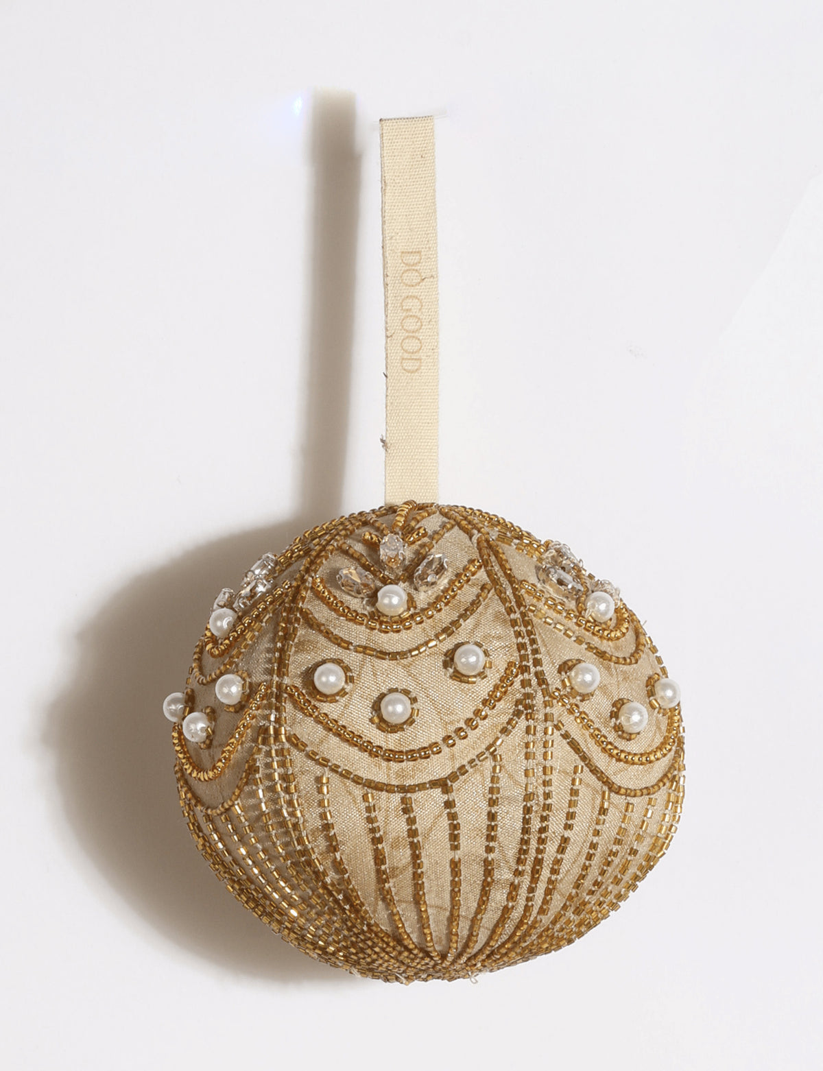 Gold and ivory upcycled sari ball ornament with silver embroidery, pearls, sequins, and beads
