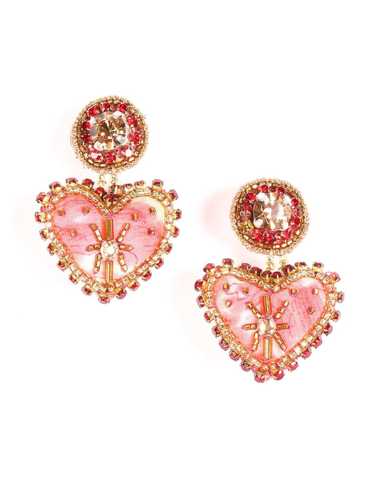 Yellow and red beaded heart drop earrings with pink fabric and central rhinestone, shown flat on white background